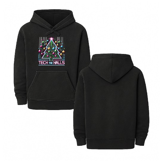 Tech the Halls - Christmas Tree in 8-bit Neon Double Sided Mineral Wash Hoodies