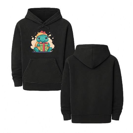 Cute Little Green Turtle Holding a Gift Double Sided Mineral Wash Hoodies