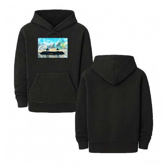 Peaceful sunset on beach scene with acrylic Double Sided Mineral Wash Hoodies