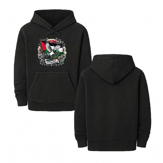 Pigeon holding olive's leaf free Palestine Flag Double Sided Mineral Wash Hoodies