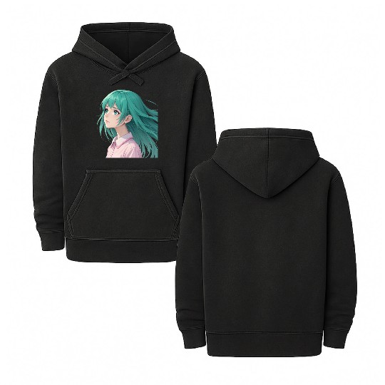 Teal Tresses: A Vision of Anime Serenity and Wonde Double Sided Mineral Wash Hoodies