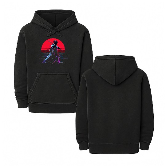 Cyberpunk Samurai Warrior Under Neon Moon Double Sided Mineral Wash Hoodies