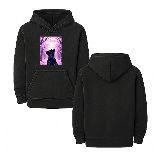 Midnight Cyber Cat | Pink Cherry Blossom Forest Double Sided Mineral Wash Hoodies