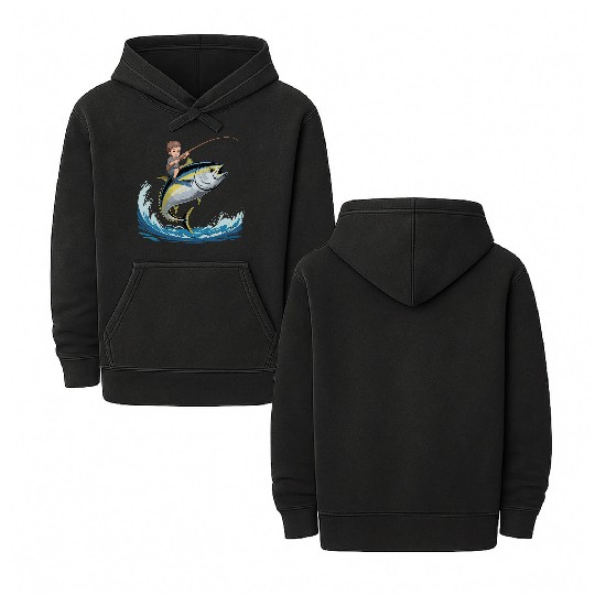 Joyful young boy rides massive jumping tuna Double Sided Mineral Wash Hoodies