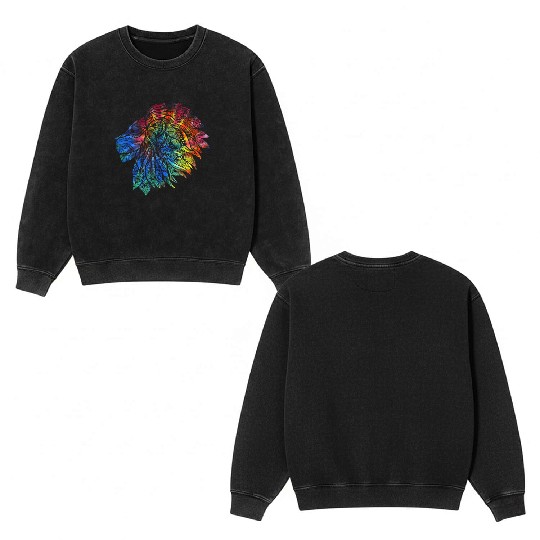 Psychedelic Lion Design Gift. Rainbow Mandala Double Sided Mineral Wash Sweatshirts