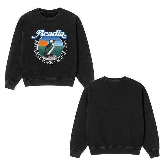 Retro Acadia National Park Vintage Maine Puffin Double Sided Mineral Wash Sweatshirts