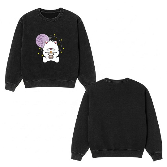 Kawaii Cat Space Pet Lover Gift Double Sided Mineral Wash Sweatshirts