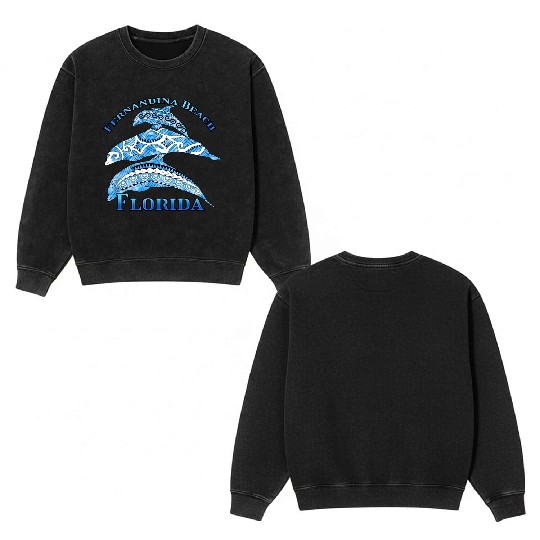 Fernandina Beach Florida Vacation Tribal Dolphins Double Sided Mineral Wash Sweatshirts
