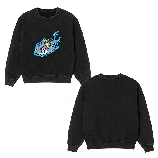 Shark Swims With Turtle And Crab Double Sided Mineral Wash Sweatshirts