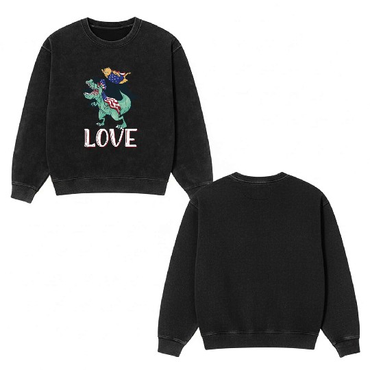 Love America Cat Dinosaur USA Flag 4th Of July Double Sided Mineral Wash Sweatshirts