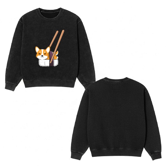 Kawaii Sushi Corgi Roll Lover Double Sided Mineral Wash Sweatshirts