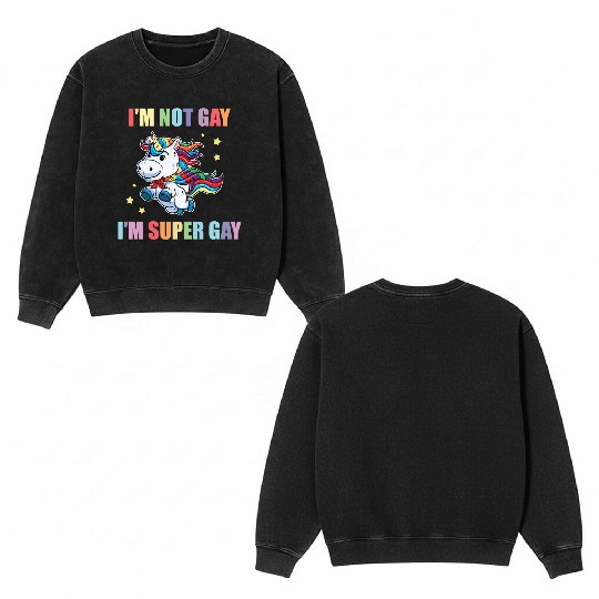 LGBT Funny Rainbow Unicorn Super Gay Lesbian Pride Double Sided Mineral Wash Sweatshirts