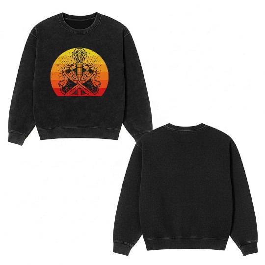 Halloween Vintage Retro Guitar Skeleton Double Sided Mineral Wash Sweatshirts