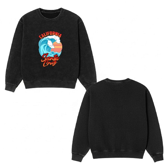 Santa Cruz California Waves Surf Beach Double Sided Mineral Wash Sweatshirts