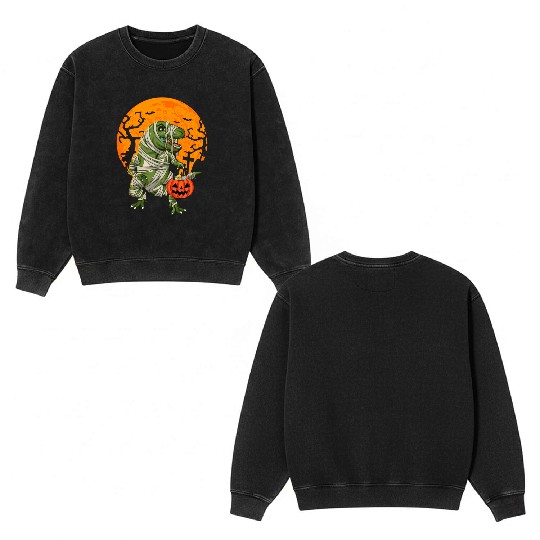 Mummy T-Rex Dinosaur Trick Or Treat Halloween Double Sided Mineral Wash Sweatshirts
