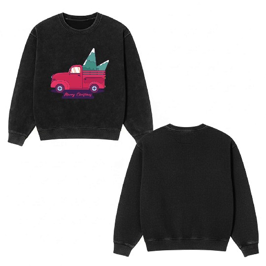 Red Merry Christmas Vintage Red Santa Truck*T Double Sided Mineral Wash Sweatshirts