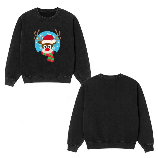 Cute Rudolph Red-Nosed Reindeer Christmas Design Double Sided Mineral Wash Sweatshirts