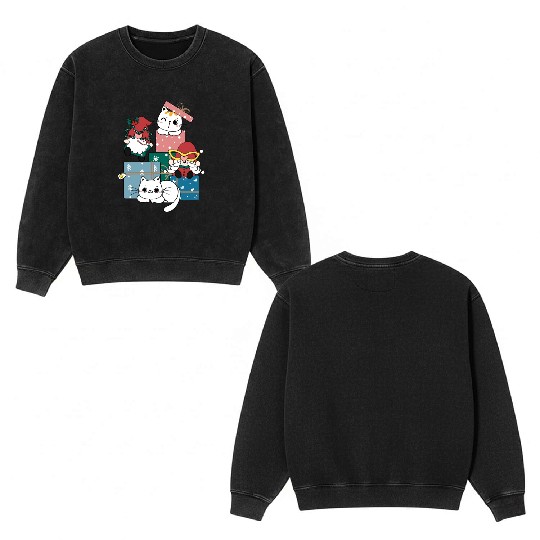 cute gnome and kitty cats on present gift box Double Sided Mineral Wash Sweatshirts