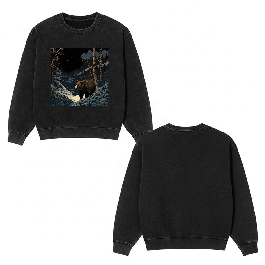 Ukiyo bear in forest landscape at night winter Double Sided Mineral Wash Sweatshirts