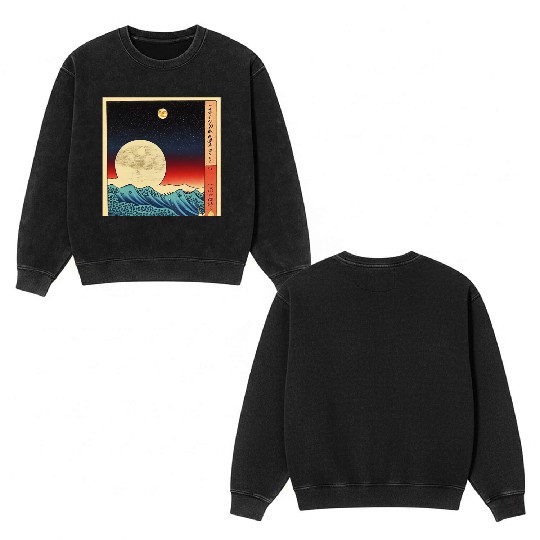 Ukiyo-e Moon over Mountain Range, Japanese Print Double Sided Mineral Wash Sweatshirts