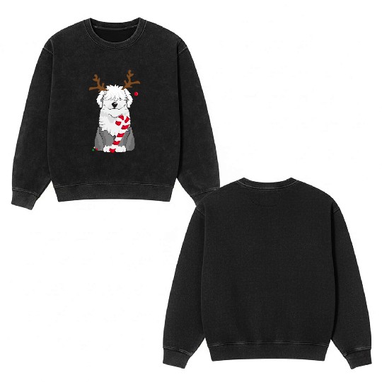 Bobtail dog with candy cane and reindeer antlers Double Sided Mineral Wash Sweatshirts