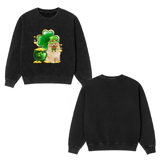 Pomeranian Dog Shamrock St Patricks Day Double Sided Mineral Wash Sweatshirts