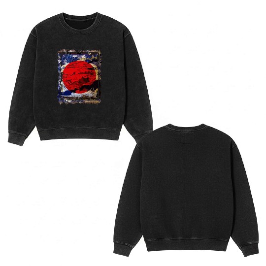 Japan Flag Red Circle Blue Mountain Collage Art 74 Double Sided Mineral Wash Sweatshirts