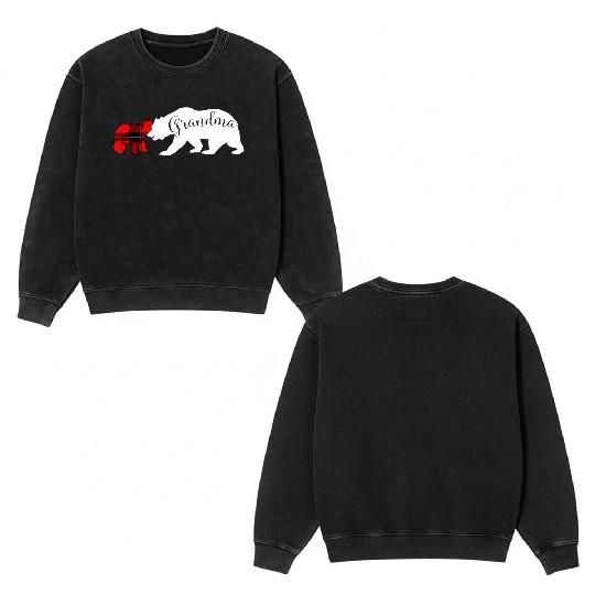 Grandma Bear Red Plaid Cub Mom Christmas Ladies Double Sided Mineral Wash Sweatshirts