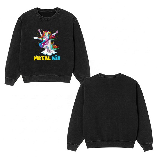 Guitar Unicorn Rainbow Metal Kid Music Rock Sign Double Sided Mineral Wash Sweatshirts
