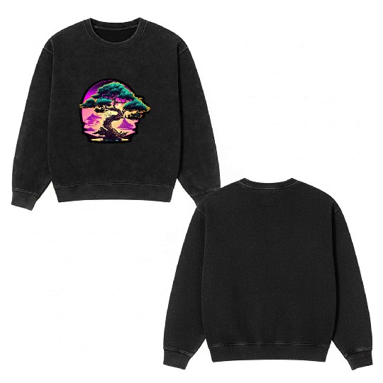 Synthwave Bonsai Tree Double Sided Mineral Wash Sweatshirts