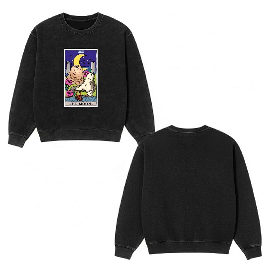 Tarot Card Crescent Moon And Cat Howl at the Moon Double Sided Mineral Wash Sweatshirts