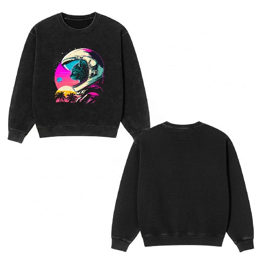 Aesthetic Vaporwave Space Cat 80s 90s Astronaut Double Sided Mineral Wash Sweatshirts
