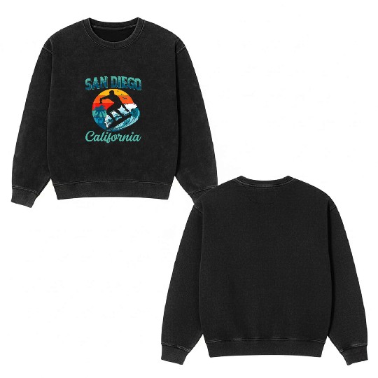 San Diego California Vintage Retro Surfer Beach Double Sided Mineral Wash Sweatshirts