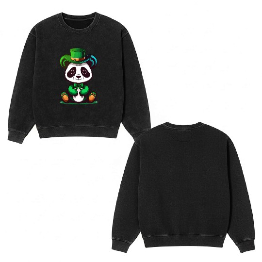 st patricks day - cute panda Double Sided Mineral Wash Sweatshirts