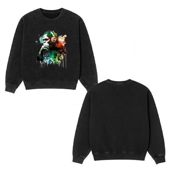 Banksy DJ Monkey Thinker Double Sided Mineral Wash Sweatshirts