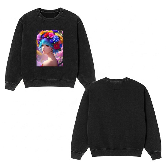 Spring Girl with a bouqet of flowers garland #21 Double Sided Mineral Wash Sweatshirts