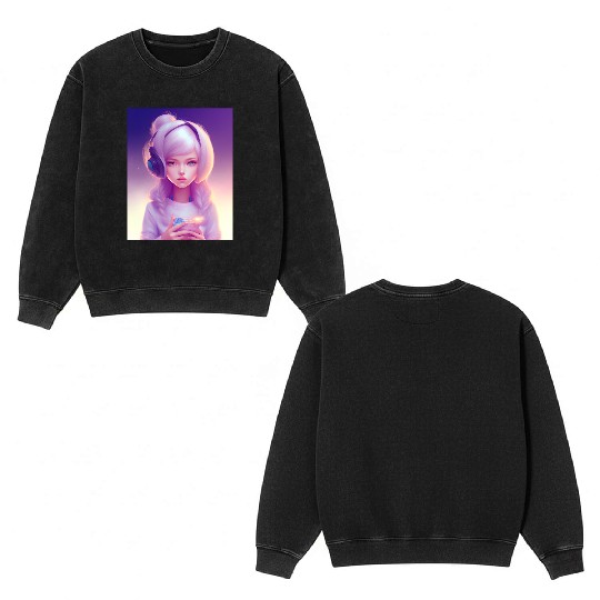 1# young girl gamer. Double Sided Mineral Wash Sweatshirts