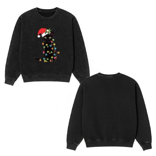 Black Santa Cat Tangled Up In Lights Christmas Double Sided Mineral Wash Sweatshirts