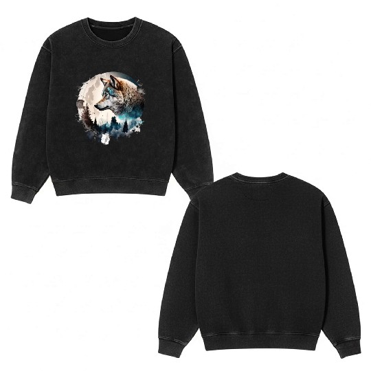 Wolf Moonlight Forest Wild Werewolf Watercolor Double Sided Mineral Wash Sweatshirts