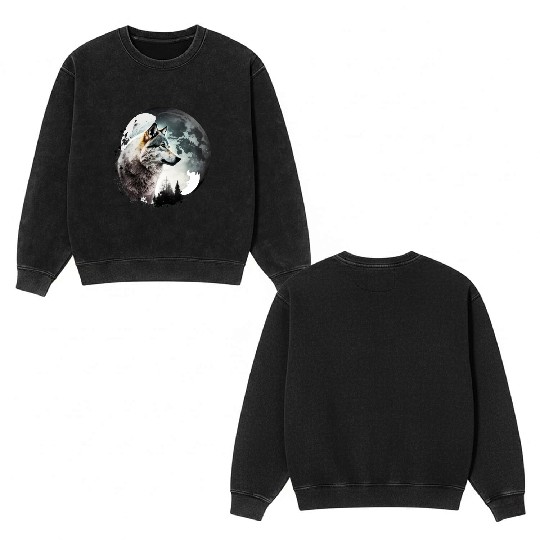 Wolf Moonlight Forest Wild Werewolf Watercolor 1 Double Sided Mineral Wash Sweatshirts