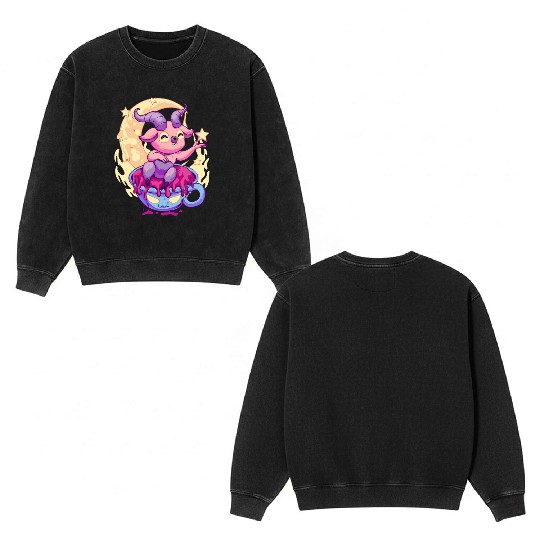 Pastel Goth Kawaii Baphomet Tea Double Sided Mineral Wash Sweatshirts