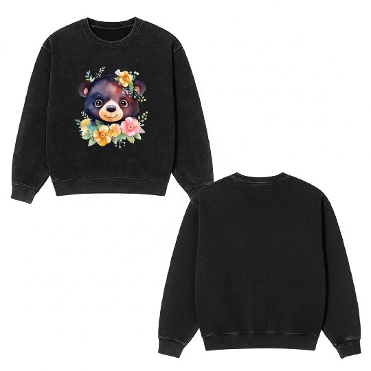 Black and Brown Forest Bear Watercolor Floral Double Sided Mineral Wash Sweatshirts
