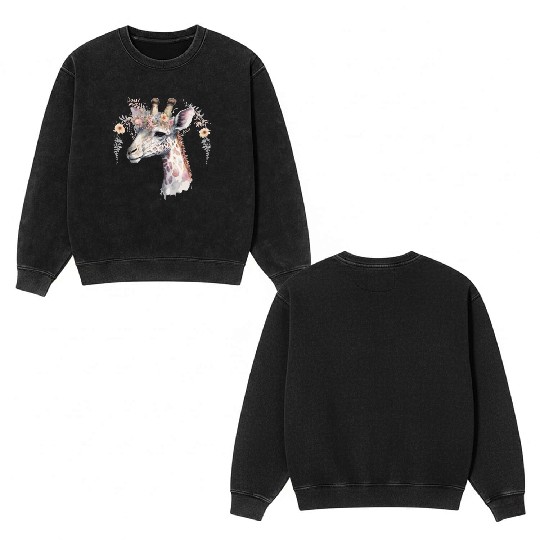Watercolor Giraffe Flower Crown Exotic Animal Flor Double Sided Mineral Wash Sweatshirts