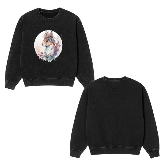 Cute Watercolor Squirrel Flower Crown Animal Lover Double Sided Mineral Wash Sweatshirts