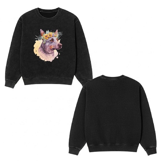 Cute Australian Cattle Dog Flower Crown Pet Dog Fl Double Sided Mineral Wash Sweatshirts