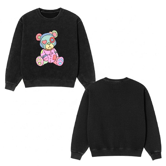 Pastel Goth Teddy Bear Japanese Anime Kawaii Menhe Double Sided Mineral Wash Sweatshirts