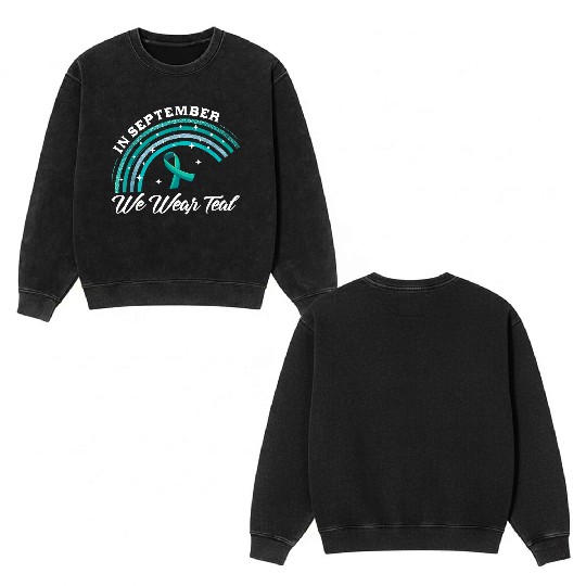 In September We Wear Teal Rainbow Pcos Awareness Double Sided Mineral Wash Sweatshirts