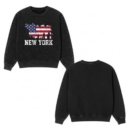 New York City Nyc Skyline Usa Flag America Double Sided Mineral Wash Sweatshirts