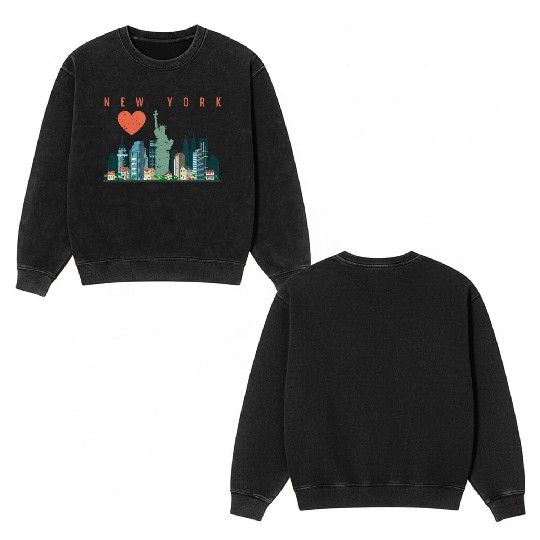 New York City Nyc Skyline Heart Distressed Style Double Sided Mineral Wash Sweatshirts