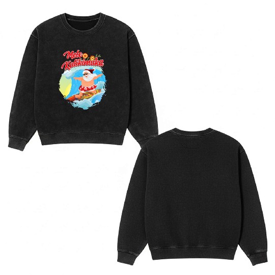 In July Santa Surfing Mele Kalikimaka Double Sided Mineral Wash Sweatshirts